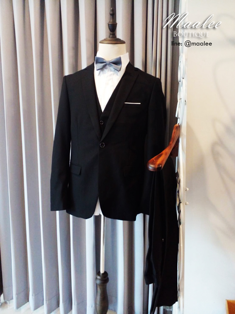 พร้อมเช่า ชุดสูทชาย สีดำ คลาสสิก รุ่นกระดุมเดียว (พร้อมเสื้อกั๊ก)
