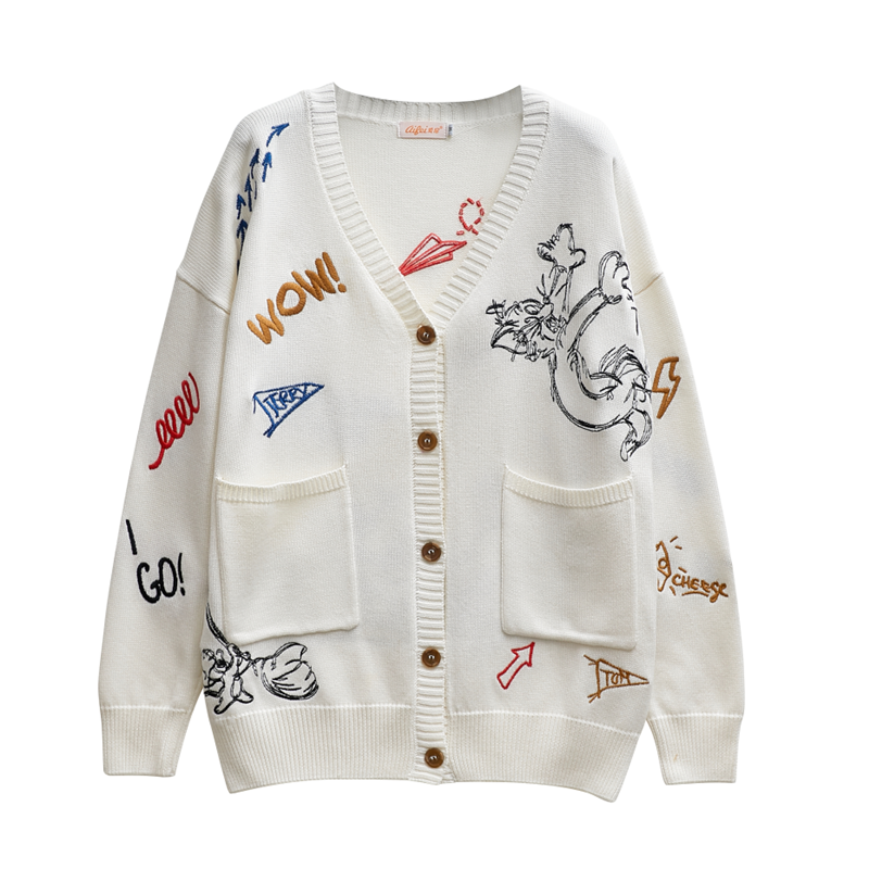 เสื้อคาร์ดิแกนไหมพรมสีขาว Tom&Jerry แบบ เซียวจ้าน