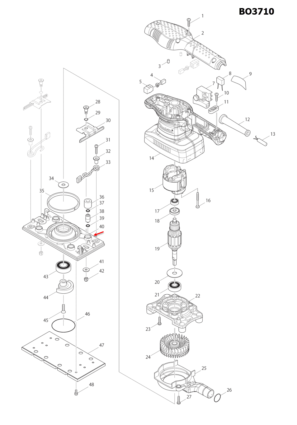 BASE Makita รุ่น BO3710 [#40], DBO380 [#33] Pn.318484-1 (แท้) ##(**)