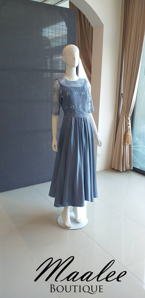 พร้อมเช่า ชุดเดรส ชุดแม่เจ้าสาว แขนยาวลูกไม้ สีฟ้าอมเทา