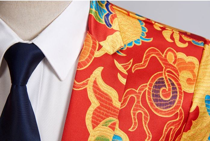 พร้อมเช่า ชุดสูทจีนชาย โทนสีส้มแดง ทอลายในเนื้อผ้า แบบหรูหรา สไตล์จีน