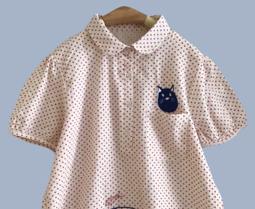 เสื้อผ้าฝ้ายลายจุดปักลายแมว~ปลา