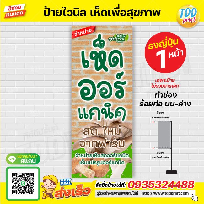 ป้ายไวนิลจำหน่ายเห็ดออร์แกนิค V1 ป้ายทนแดด กันน้ำ ภาพคมชัด สีสวยสดใส พร้อมใช้งาน