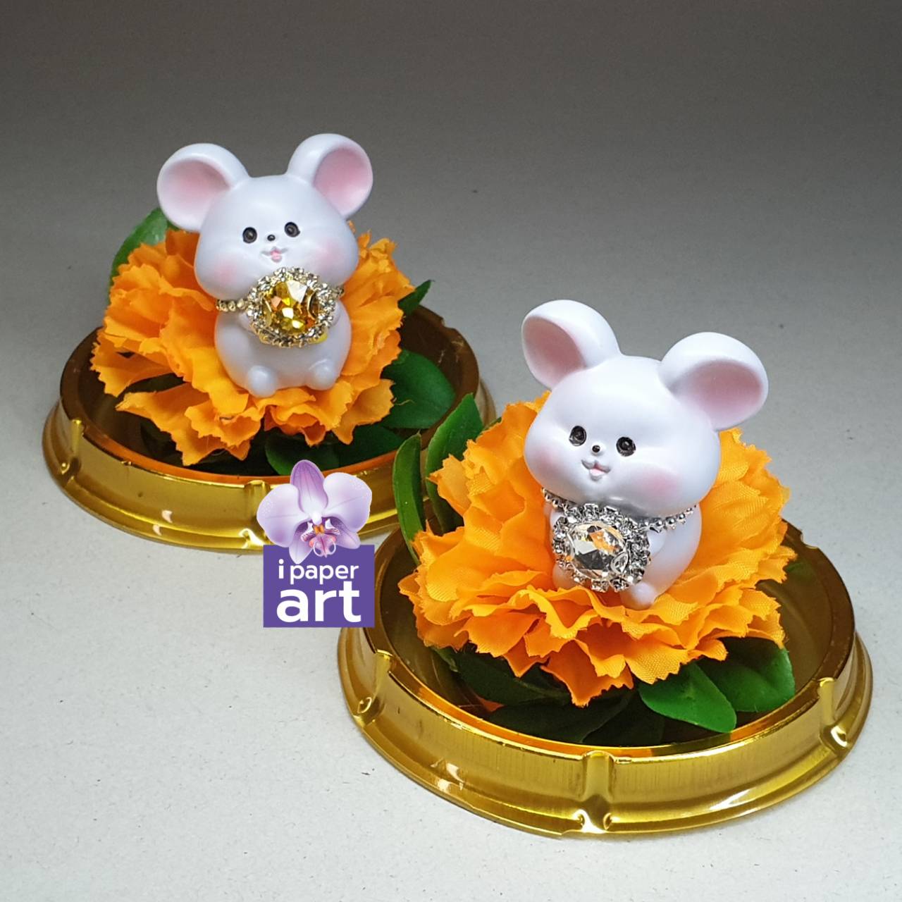 หนูมุสิกะคู่ คริสตัลงานพรีเมี่ยมเงินทอง | บริวารพระพิฆเนศ ถวายเพชรเงินเพชรทอง งานปราณีต