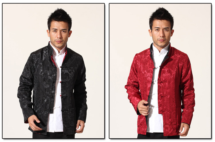 Pre-order ชุดจีน ชาย เสื้อคอจีน ผ้าแพร สีแดง / ดำ ใส่ได้สองด้าน