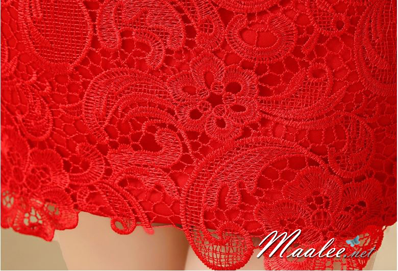 พร้อมส่ง ชุดราตรีสั้น เกาะอก หน้าสั้นหลังยาว ผ้าลูกไม้แต่งผ้าแก้วระบายชั้นๆ สีครีม (หางยาว)