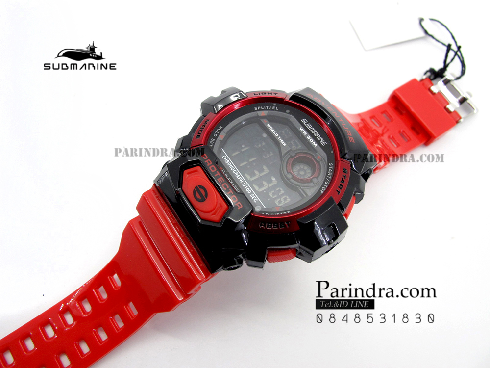 นาฬิกา US submarine TP1329M สีแดง-ดำ พื้นหลังดำ ระบบดิจิตอล สายซิลิโคนผิวมัน