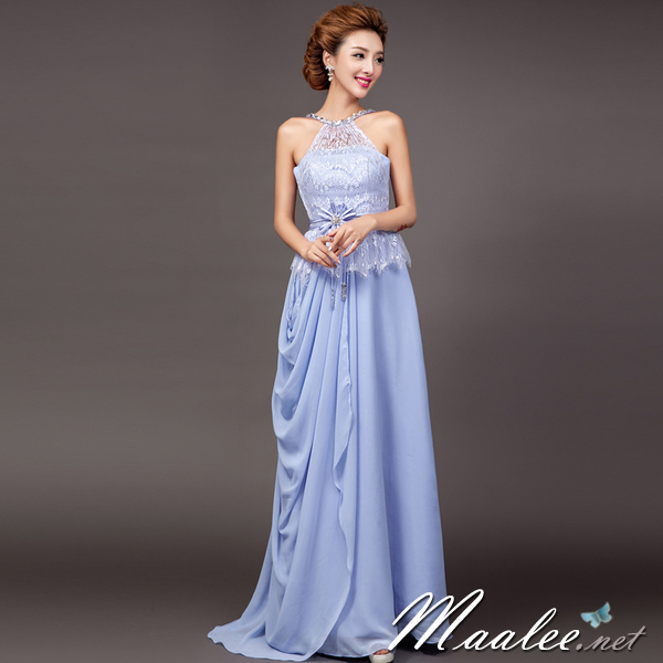 พร้อมเช่า ชุดราตรียาว เกาะอก คล้องคอ สีม่วง กระโปรงจับจีบ สวยหวานด้วยลูกไม้ช่วงอก (ซิปหลัง)