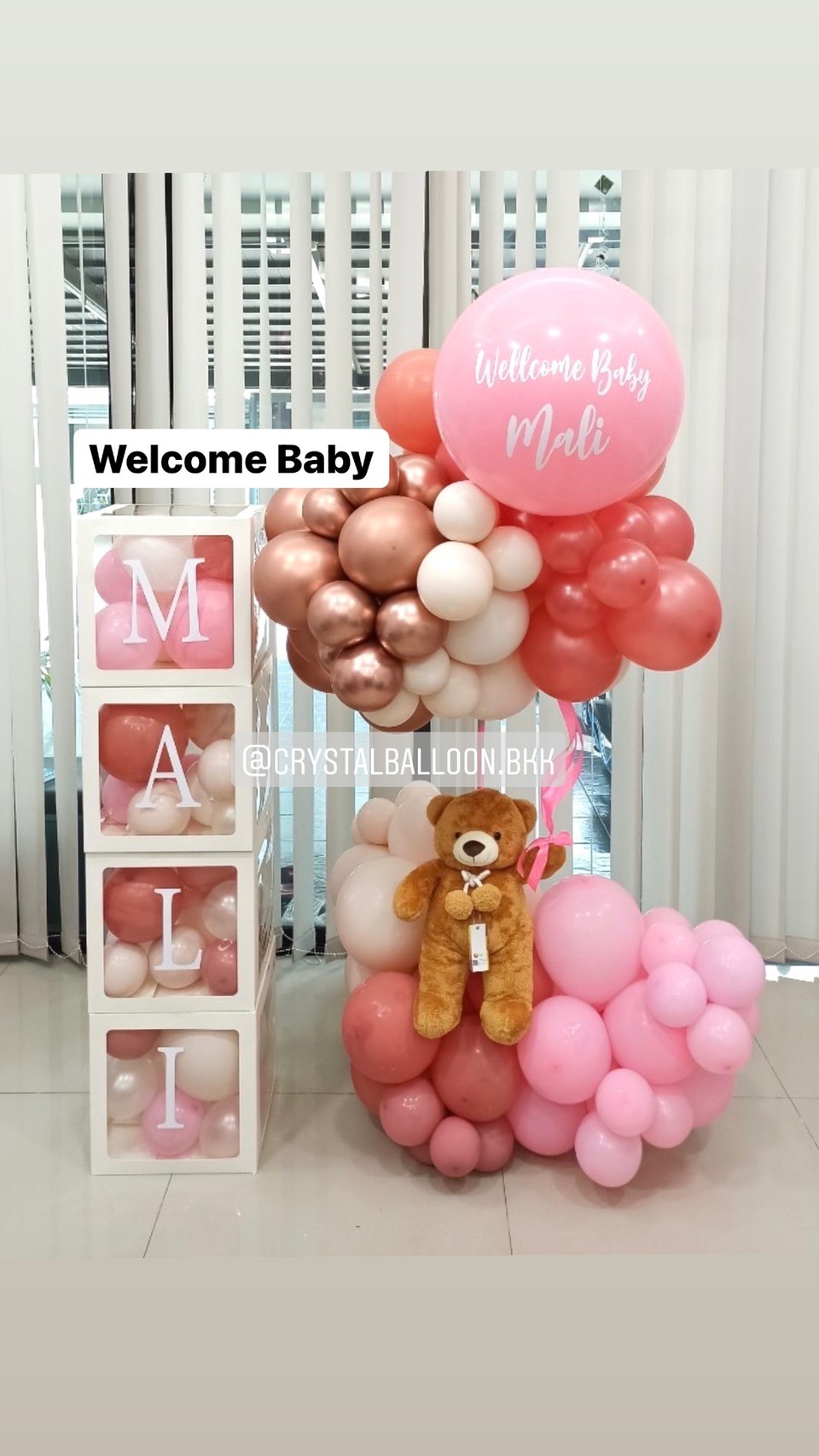 Orgranic Welcome Baby Girl Theme สีชมพู พร้อม ตุ๊กตาหมี 1 ตัว พร้อมตกแต่ง กล่องติดตัวอักษร 4 ตัวอักษร,สามารถใส่รูปได้ สามารถเปลี่ยนสีลูกโป่ง/เปลี่ยนข้อความได้
