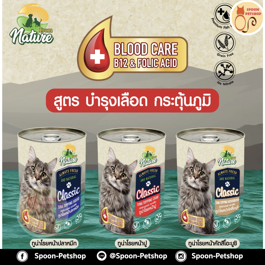 From Nature อาหารเปียก กระป๋อง ฟรอมเนเจอร์ สำหรับแมว สูตรบำรุงเลือด รสทูน่าโรยหน้าปลาหมึก ขนาด 400 กรัม