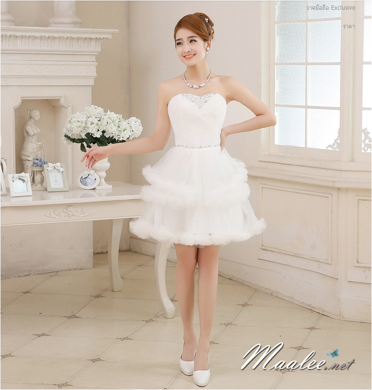 พร้อมเช่า ชุดแฟนซี ชุดราตรีสั้น สีขาว เกาะอก กระโปรงระบายเป็นชั้น ๆ ซิปหลัง
