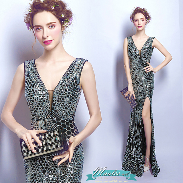 พร้อมเช่า ชุดราตรียาว ชุดออกงานกลางคืน งานพรอม แบบแขนกุด สีดำปักเลื่อมทั้งชุด หรูหรา Sexy แหวกหน้าขา โชว์หลัง
