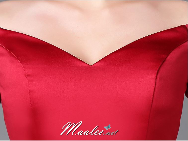 พร้อมส่ง ชุดราตรีสั้น ปาดไหล่ แขนสั้น ผ้าซาติน คอเว้า Sweet heart กระโปรงจับจีบ สวยหรู สีครีม Champagne (ซิปหลัง)