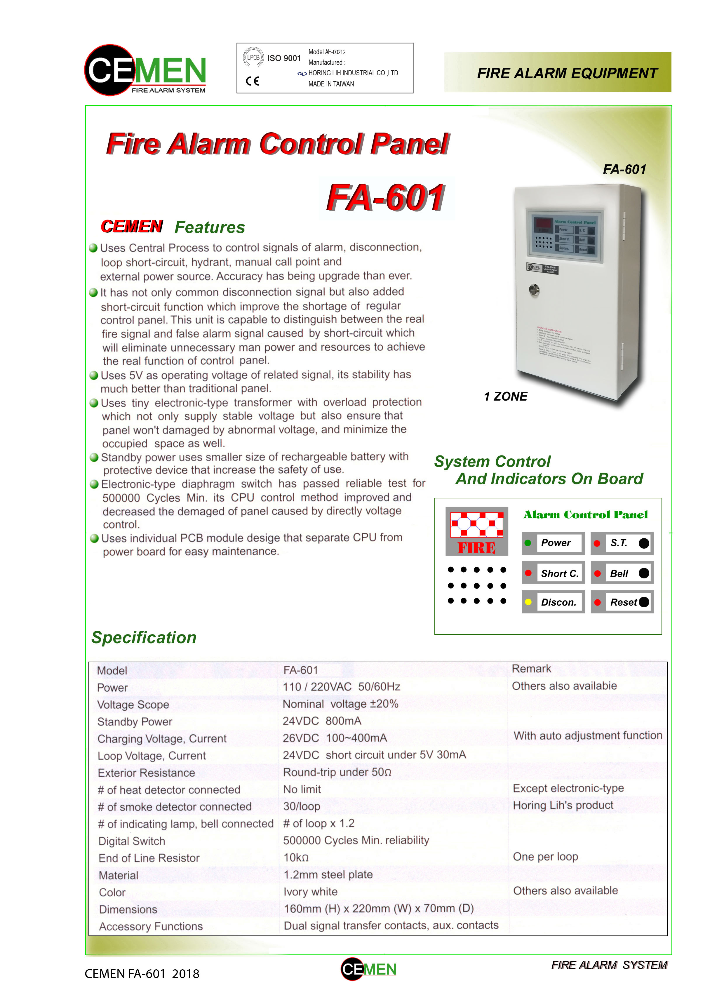 1 Zone Fire Alarm Control Panel รุ่น FA-601 ยี่ห้อ CEMEN