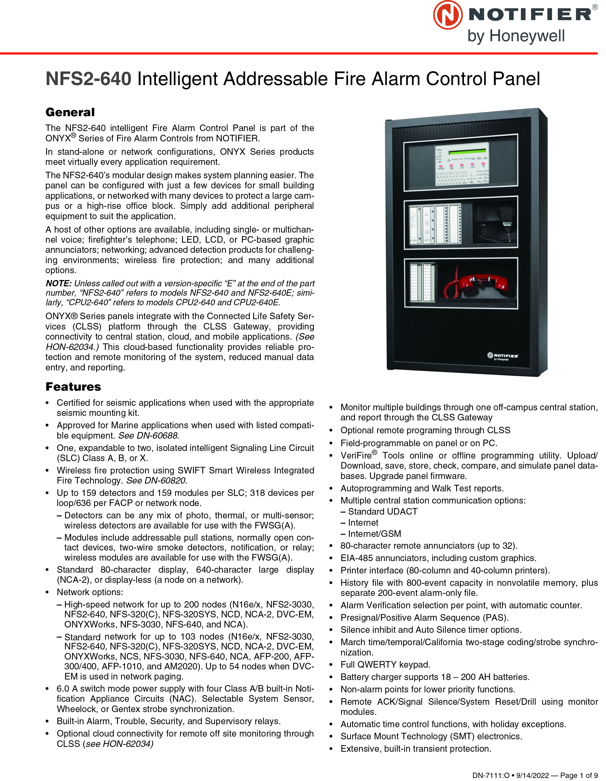 "NOTIFIER" NFS2-640E Intelligent Fire Alarm Control Panel UL/USA Standard