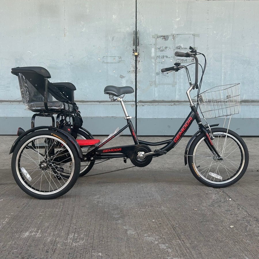 จักรยานสามล้อยี่ห้อ GEMODA ตะกร้าหน้าสแตนเลส ล้อ 20 นิ้ว มีที่นั่งด้านหลัง เกียร์ SHIMANO 6 SPEEDS รับน้ำหนักได้สูงสุด 200 กิโลกรัม