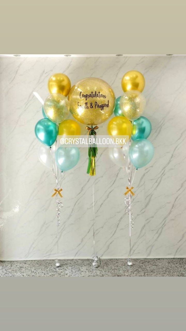 ลูกโป่ง แสดงความยินดี Bubble ขนาด 24" กลิตเตอร์สีทอง พร้อม ช่อลูกโป่ง ช่อ 7 ลูก 2 ช่อ พร้อมตกแต่ง สามารถเปลี่ยนสีลูกโป่ง/เปลี่ยนข้อความ/เปลี่ยนขนาดได้
