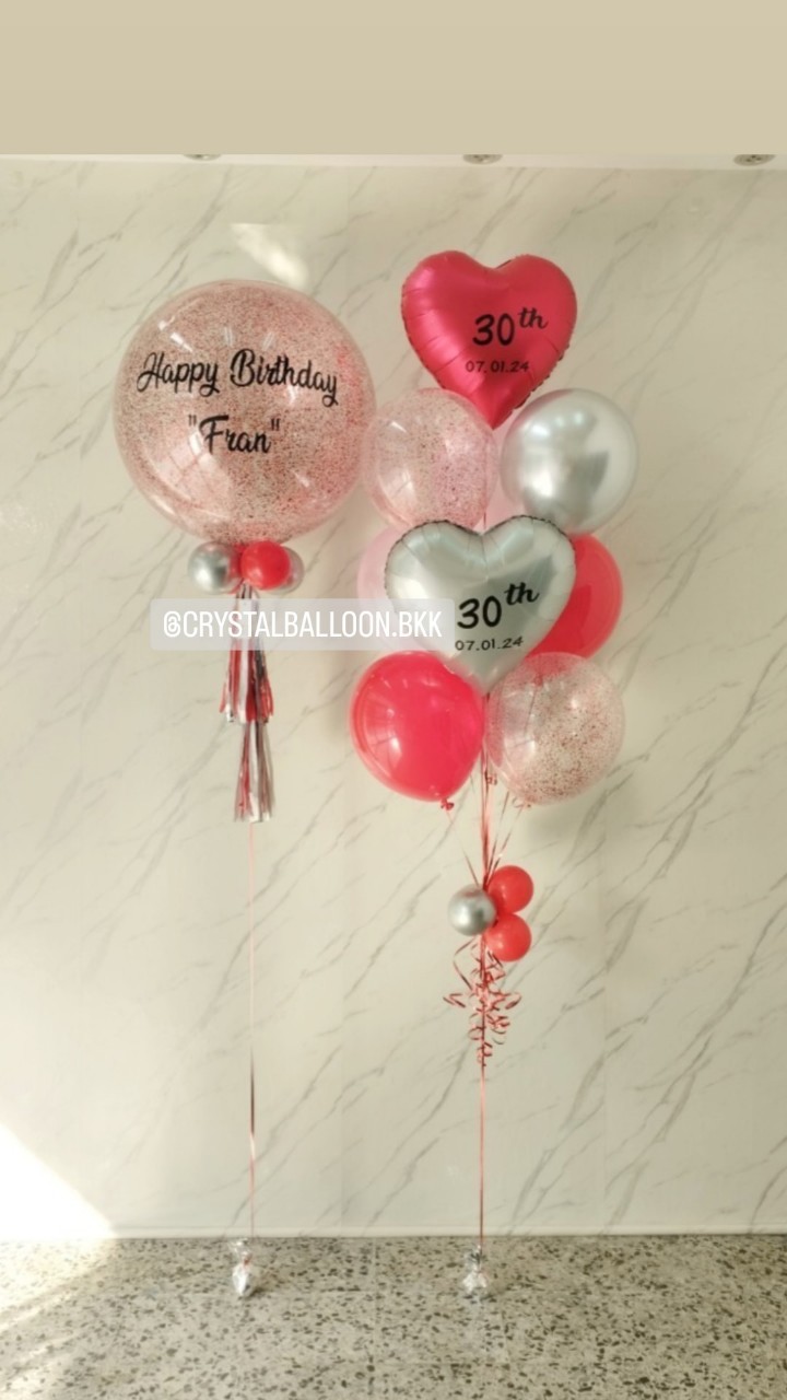 ลูกโป่ง วันเกิด Bubble ขนาด 24" กลิตเตอร์สีแดง 1 ลูก พร้อม ช่อลูกโป่งฟอยล์หัวใจ ขนาด 18" ช่อ 10 ลูก 1 ช่อ พร้อมตกแต่ง สามารถเปลี่ยนสีลูกโป่ง/เปลี่ยนข้อความ/เปลี่ยนสี-ฟอยล์ตกแต่งได้