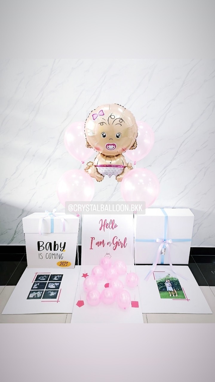 Surprise Box กล่องทายเพศน้อง พร้อมตกแต่ง ลูกโป่ง 4 ลูก ฟอยล์เด็กทารก 1 ชิ้น สามารถใส่รูปได้ 2 รูป , สามารถเปลี่ยนสีลูกโป่ง/เปลี่ยนสี-ฟอยล์ตกแต่ง/เปลี่ยนข้อความได้