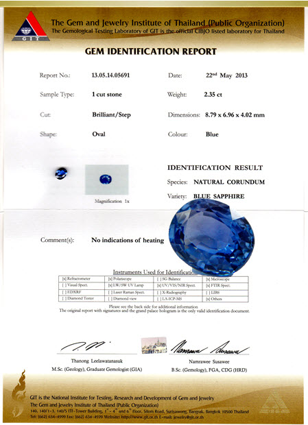Blue Sapphire พลอยดิบ Unheated ธรรมชาติ100% ความสะอาด VVS-IF ขนาดพลอย 6.88x8.81x4.03 mm. น้ำหนักพลอย 2.36 ct. พร้อมใบเซอร์ GIT