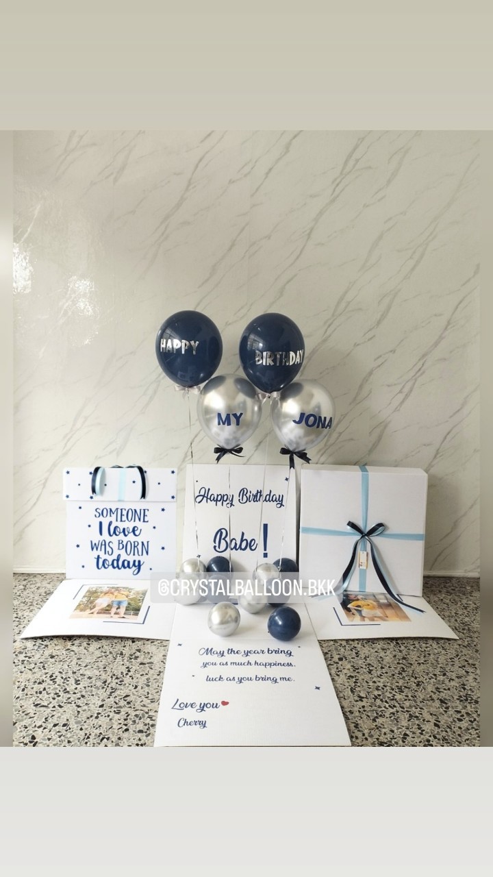 Happy Birthday Surprised Box กล่องเซอร์ไพรส์วันเกิด พร้อมตกแต่งลูกโป่ง 4 ลูก,สามารถใส่รูปได้ 2 ใบ สามารถเปลี่ยนสีลูกโป่ง/เปลี่ยนข้อความได้