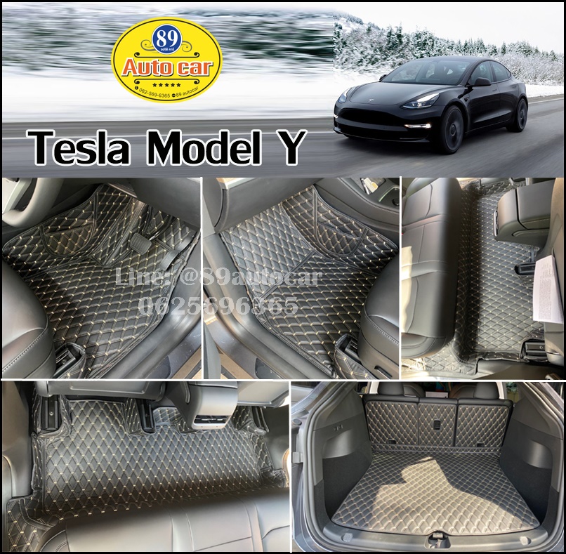 พรมปูพื้นรถยนต์ Tesla Model Y ปูพรมVVIP ด้ายคู่ สีดำด้ายทอง เต็มคัน