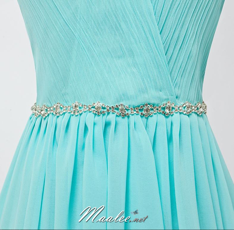 พร้อมส่ง ชุดราตรีสั้น เกาะอก หน้าสั้นหลังยาว สีฟ้าอ่อน อัดพลีตหน้าอก คาดเอวคริสตัล