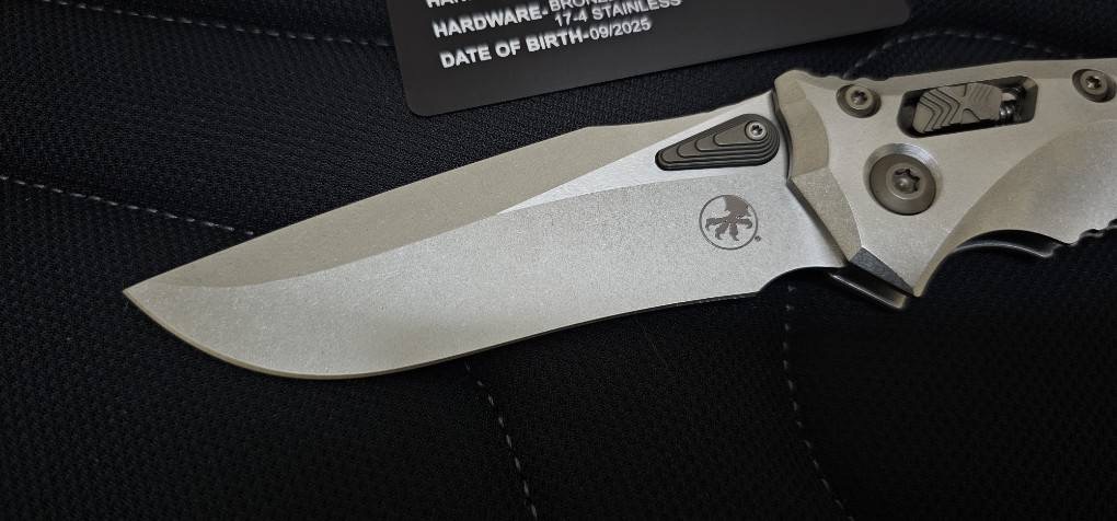 Microtech Marfione Select Amphibian RAM-LOK Manual Folding Knife 3.875" Bohler M390MK Stonewashed Clip Point Plain Blade and Frag Titanium Handles, Flamed Titanium Accents, AXIS/Crossbar Lock