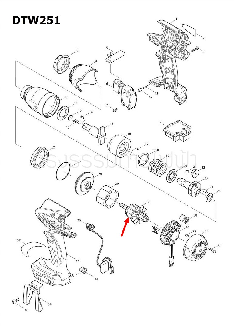ทุ่น บล๊อกไฟฟ้าไร้สาย Makita มากีต้า DTW251 Pn.619375-2 (แท้) ##