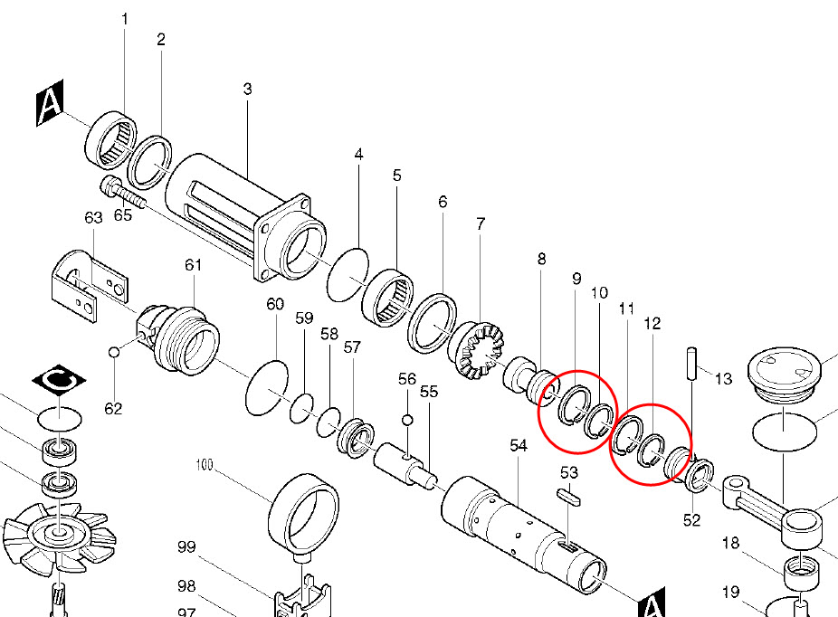 ชุดแหวนลูกสูบ สว่านโรตารี่ Makita มากีต้า HR3850 [#9, #10] หรือ [#11, #12] #G15