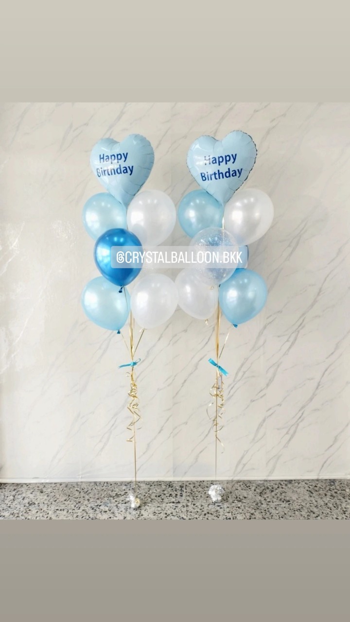 ลูกโป่ง วันเกิด ช่อลูกโป่งฟอยล์หัวใจ ขนาด 18" ช่อ 7 ลูก 2 ช่อ Theme สีฟ้ามุก-น้ำเงินโครเมี่ยม พร้อมตกแต่ง สามารถเปลี่ยนสีลูกโป่ง/เปลี่ยนข้อความ/เปลี่ยนฟอยล์ตกแต่งได้