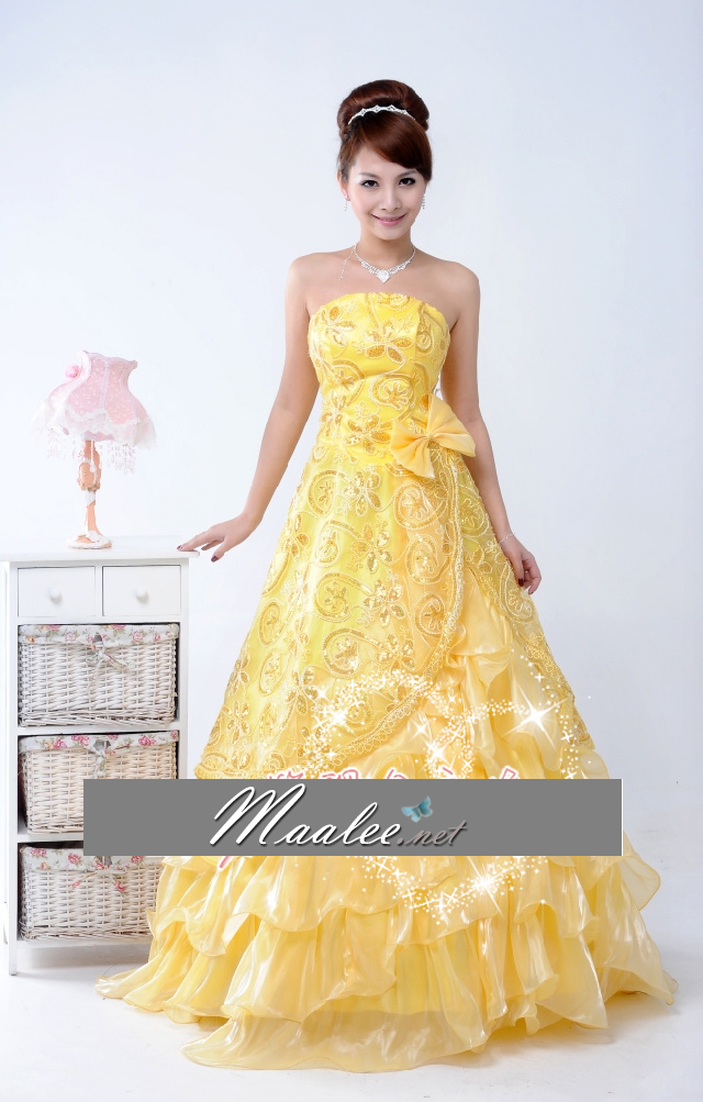 พร้อมเช่า ชุดแฟนซี ชุดราตรียาว เกาะอก สีโอโรส ผ้าแก้วพิมพ์ลายสวย กระโปรงแต่งระบาย