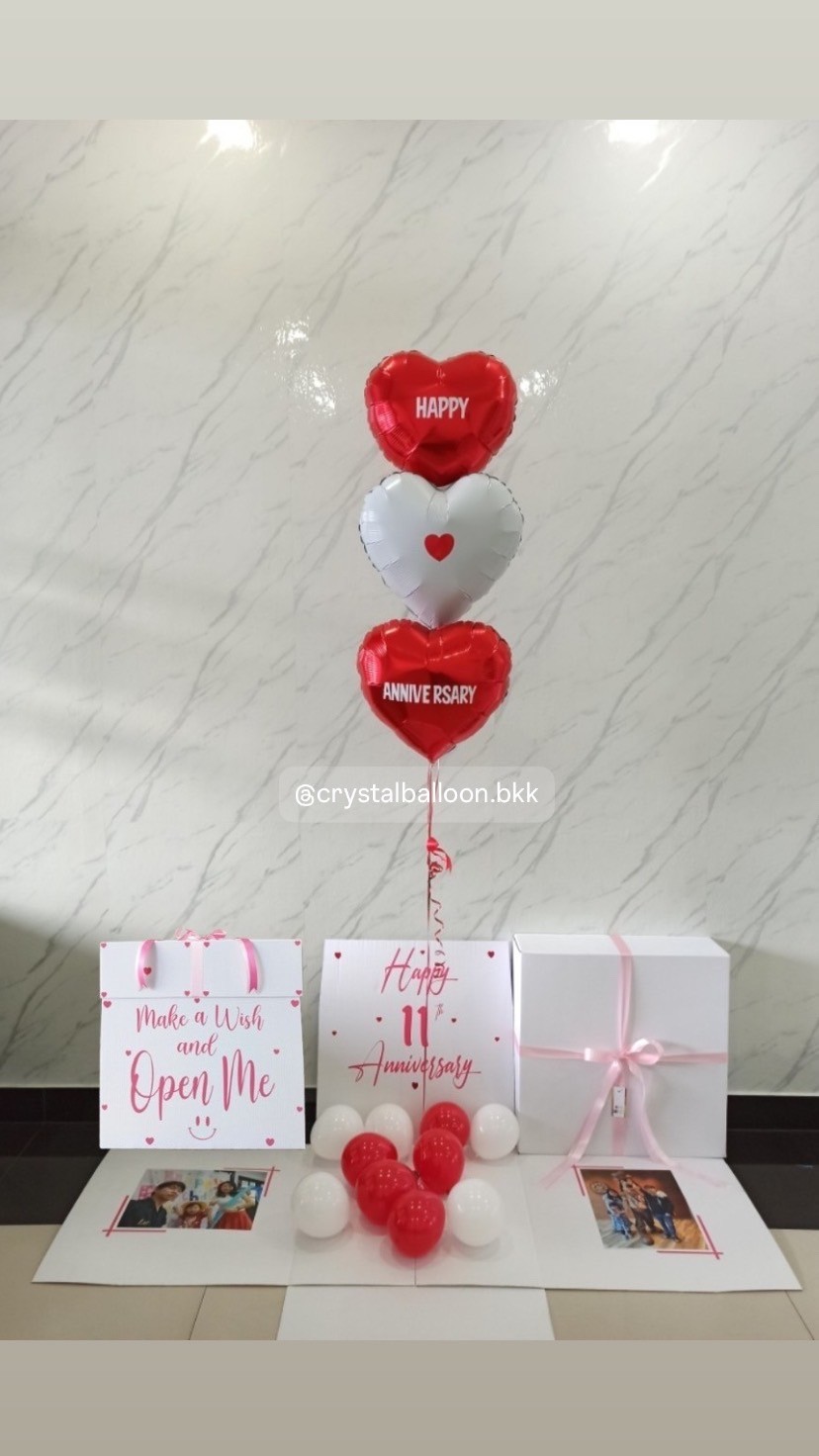 Surprise Box กล่องเซอร์ไพรส์แสดงความยินดี พร้อม ฟอยล์หัวใจ 18" 3 ชิ้น พร้อมตกเเต่ง สามารถใส่รูปได้ 2 ใบ สามารถเปลี่ยนสีลูกโป่ง/เปลี่ยนข้อความ/เปลี่ยนสีฟอยล์ตกเเต่งได้