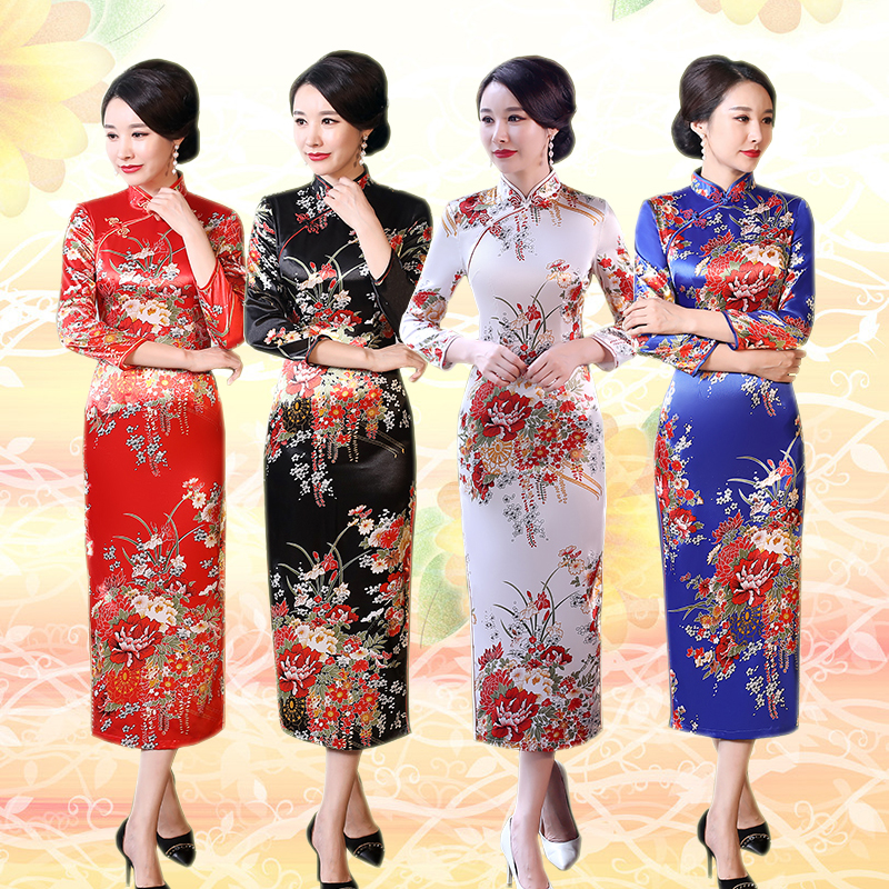 Pre-order กี่เพ้า สีแดง แขนยาว ลายดอกไม้ ตัดเย็บอย่างดี