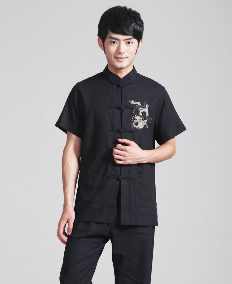Pre-order ชุดจีน เสื้อจีนชาย แขนสั้น ผ้าฝ้าย สีดำ ปักลายมังกร