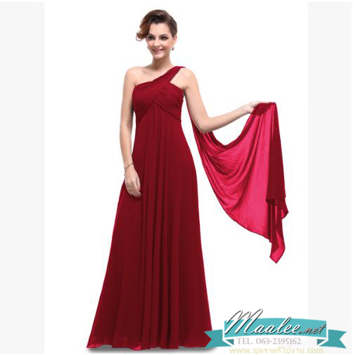 พร้อมส่ง ชุดราตรียาว เกาะอก ไหล่เดียว สีไวน์แดง ผ้าชีฟองจับเดรปไขว่ช่วงหน้าอก ทิ้งชายด้านหลัง (ซิปข้างลำตัว)