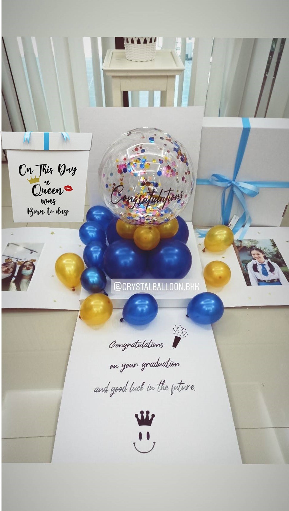 Surprise Box กล่องเซอร์ไพรส์แสดงความยินดี สีสัน สะดุดตา พร้อมตกแต่ง สามารถเปลี่ยนข้อความ/สามารถใส่รูปได้ 2 ใบ