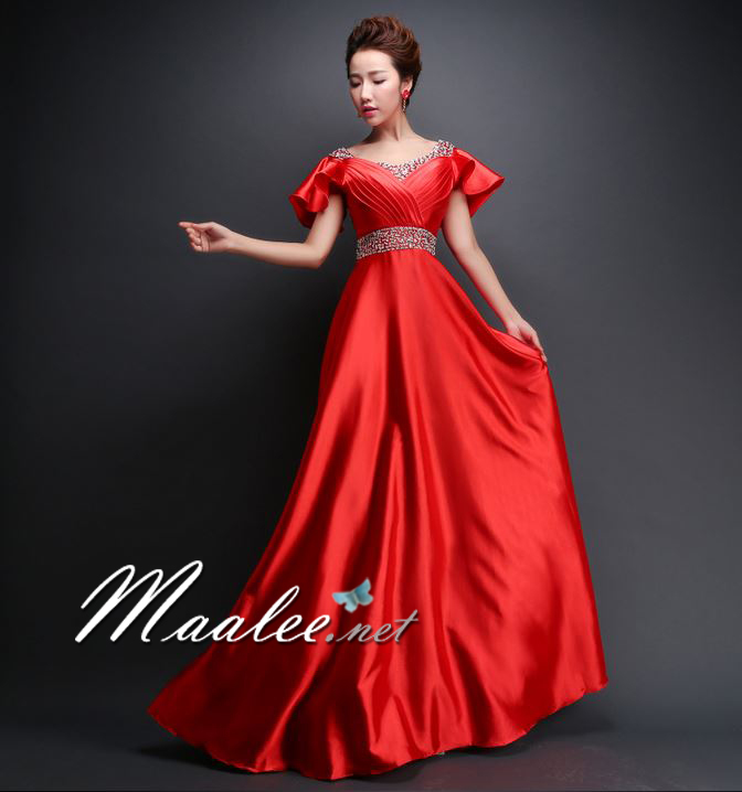 พร้อมเช่า สำหรับสาวไซส์ใหญ่ ชุดราตรียาว แบบแขนสั้น ผ้าซาตินสวยสง่า อกจับจีบปักเลื่อมช่วงอก-เอว สีฟ้า (เชือกผูกหลัง)