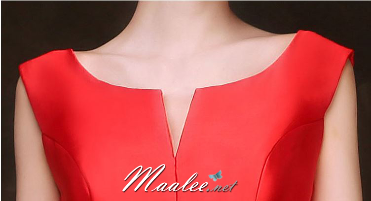 พร้อมเช่า ชุดราตรีสั้น แบบแขนกุด ผ้าซาตินเรียบหรู กระโปรงทรงA แต่งโบว์2ชั้น ช่วงเอว สีแดง (เชือกผูกหลัง)