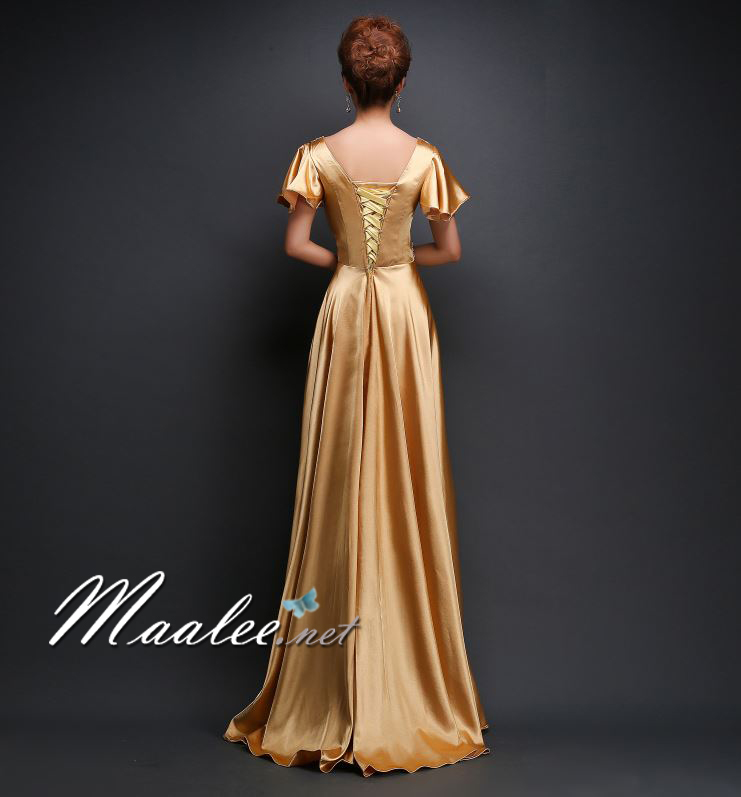 พร้อมเช่า สำหรับสาวไซส์ใหญ่ ชุดราตรียาว แบบแขนสั้น ผ้าซาตินสวยสง่า อกจับจีบปักเลื่อมช่วงอก-เอว สีทอง (เชือกผูกหลัง)