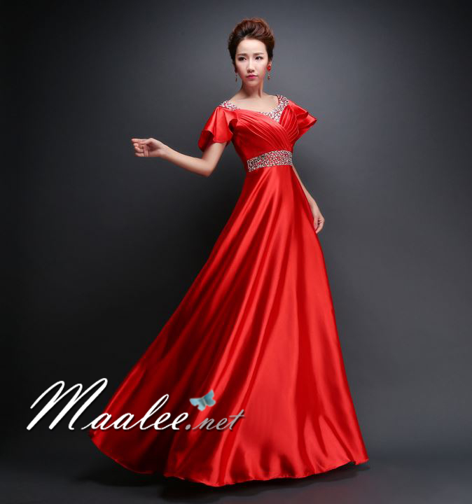 พร้อมเช่า สำหรับสาวไซส์ใหญ่ ชุดราตรียาว แบบแขนสั้น ผ้าซาตินสวยสง่า อกจับจีบปักเลื่อมช่วงอก-เอว สีฟ้า (เชือกผูกหลัง)