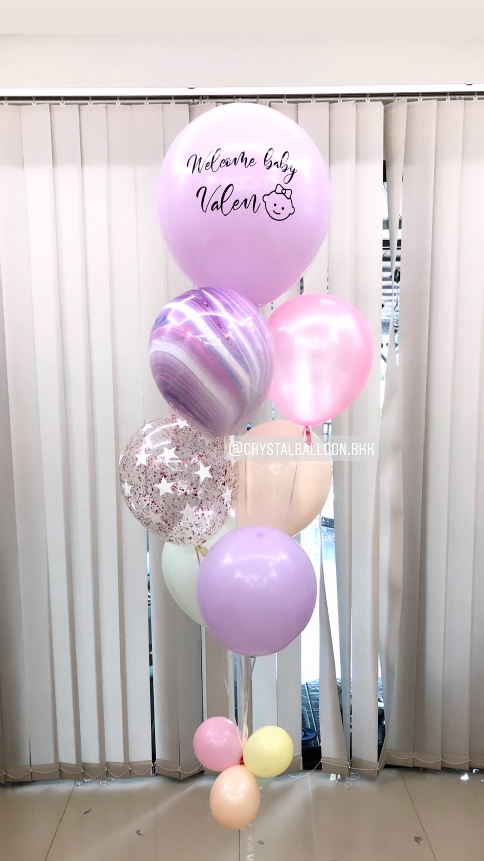 ลูกโป่ง Welcome Baby Girl โทนสี ม่วง-ชมพู พร้อม ลูกโป่งดาวใสใส่กลิตเตอร์,ลูกโป่งลายหินอ่อน พร้อมตกเเต่ง สามารถเปลี่ยนสีลูกโป่ง/เปลี่ยนข้อความได้