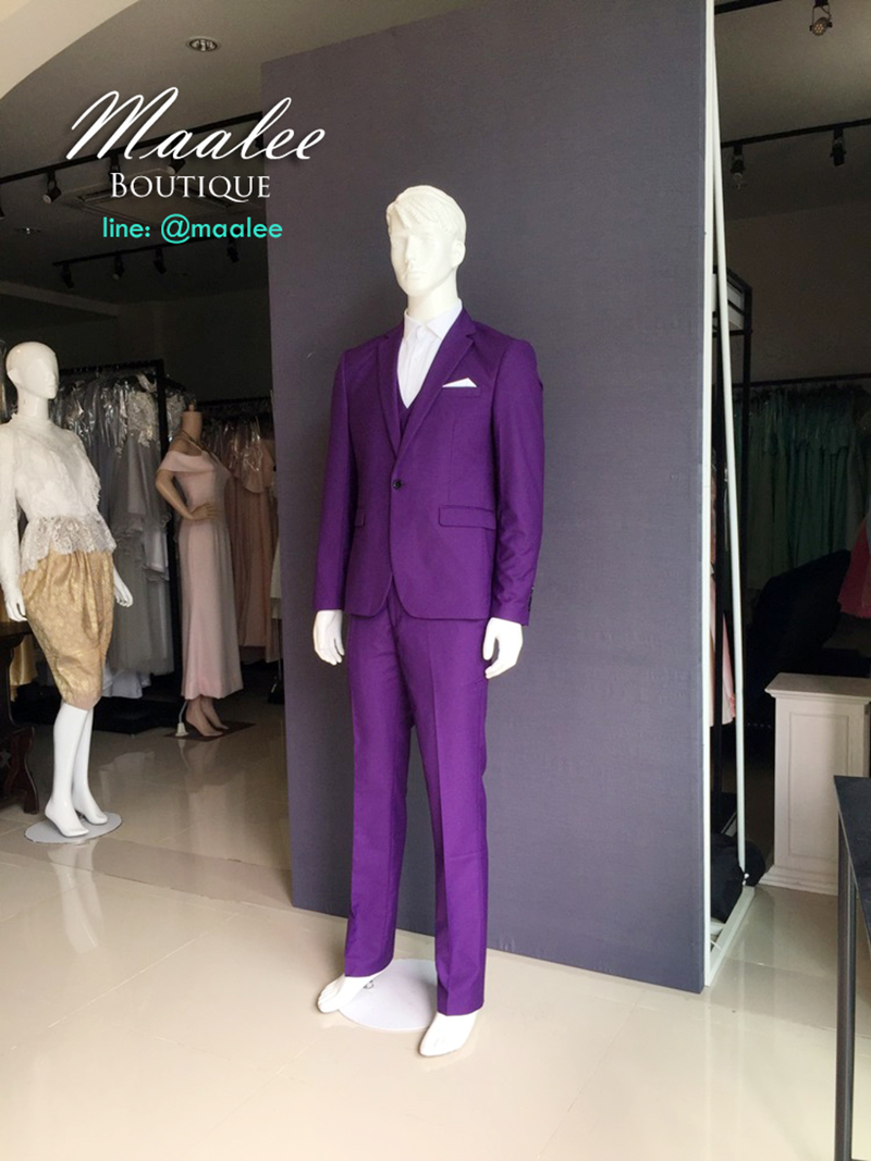 พร้อมเช่า ชุดสูทชาย สีม่วง สไตล์เกาหลี (พร้อมเสื้อกั๊ก)