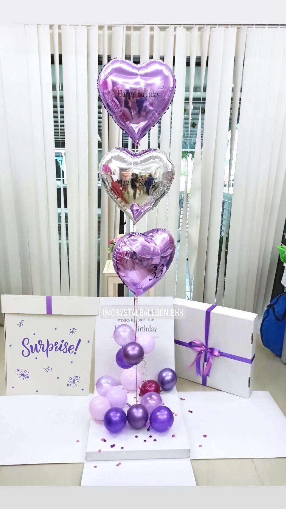 Surprise Box กล่องเซอร์ไพรส์วันเกิด ฟอยล์หัวใจ 3 ชิ้น สีม่วง-สีเงิน พร้อมตกแต่ง สามารถใส่รูปได้ 2 ใบ สามารถเปลี่ยนสี-ฟอยล์ตกแต่ง/เปลี่ยนข้อความได้