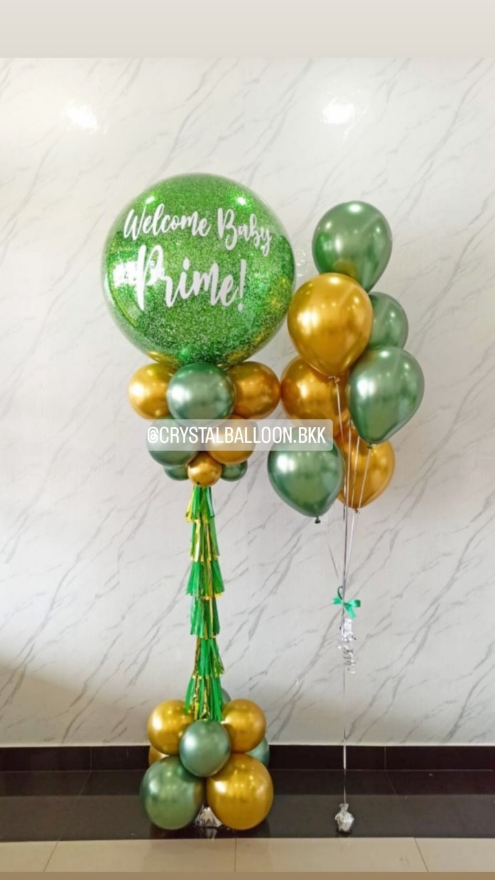 เสาลูกโป่ง Welcome Baby Bubble ขนาด 36" กลิตเตอร์สีเขียว 1 ลูก พร้อม ช่อลูกโป่งสีโครเมี่ยม ช่อ 7 ลูก 1 ช่อ พร้อมตกแต่ง สามารถเปลี่ยนสีลูกโป่ง/เปลี่ยนข้อความได้