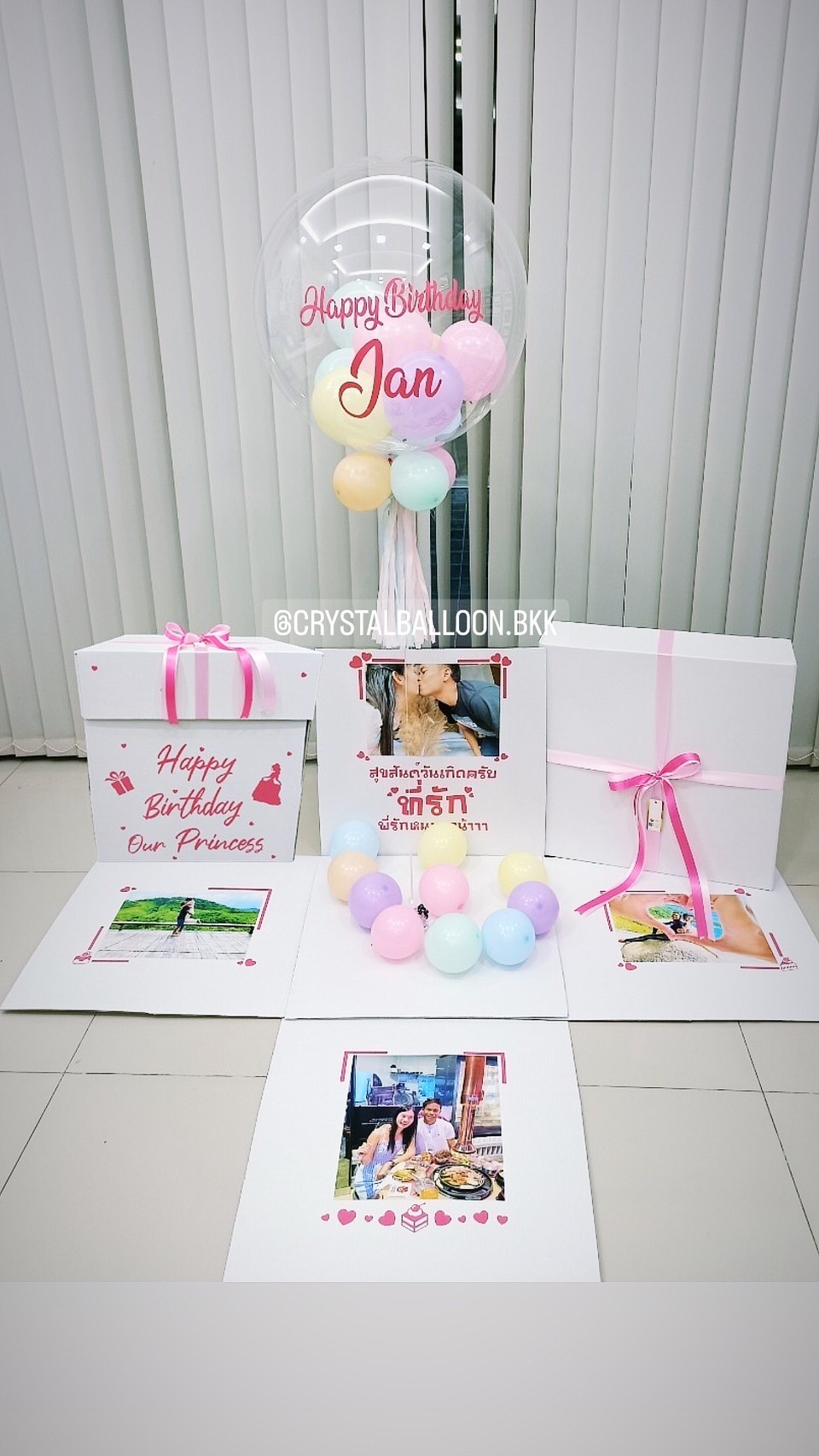 Happy Birthday Surprise Box กล่องเซอร์ไพรส์วันเกิด Bubble USA ขนาด 24" Theme พาสเทล พร้อมตกแต่ง สามารถใส่รูปได้ 4 ใบ สามารถเปลี่ยนสีลูกโป่ง/เปลี่ยนข้อความได้