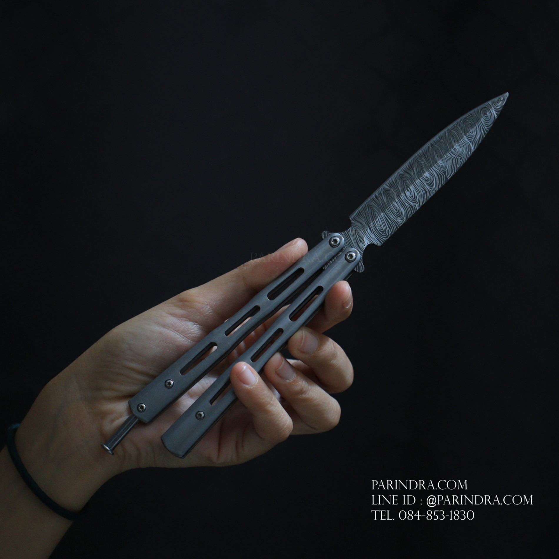 มีดบาลีซอง Balisong มีดควง มีดปีกผีเสื้อ ใบมีดยิงเลเซอร์ลายดามัสกัส