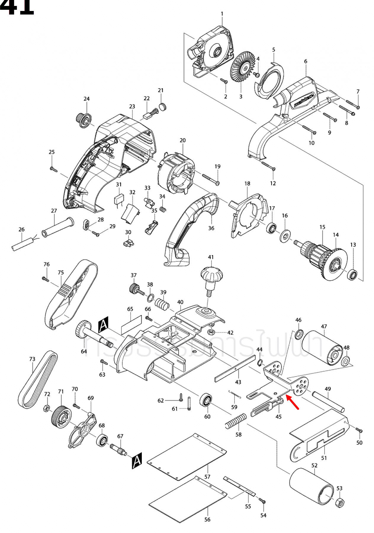 ฐานยึดล้อ เครื่องขัดกระดาษทราย Maktec-มาคเทค MT940, MT941 [#45], 9403 [#50] Pn.163477-1 (แท้) ## (**)