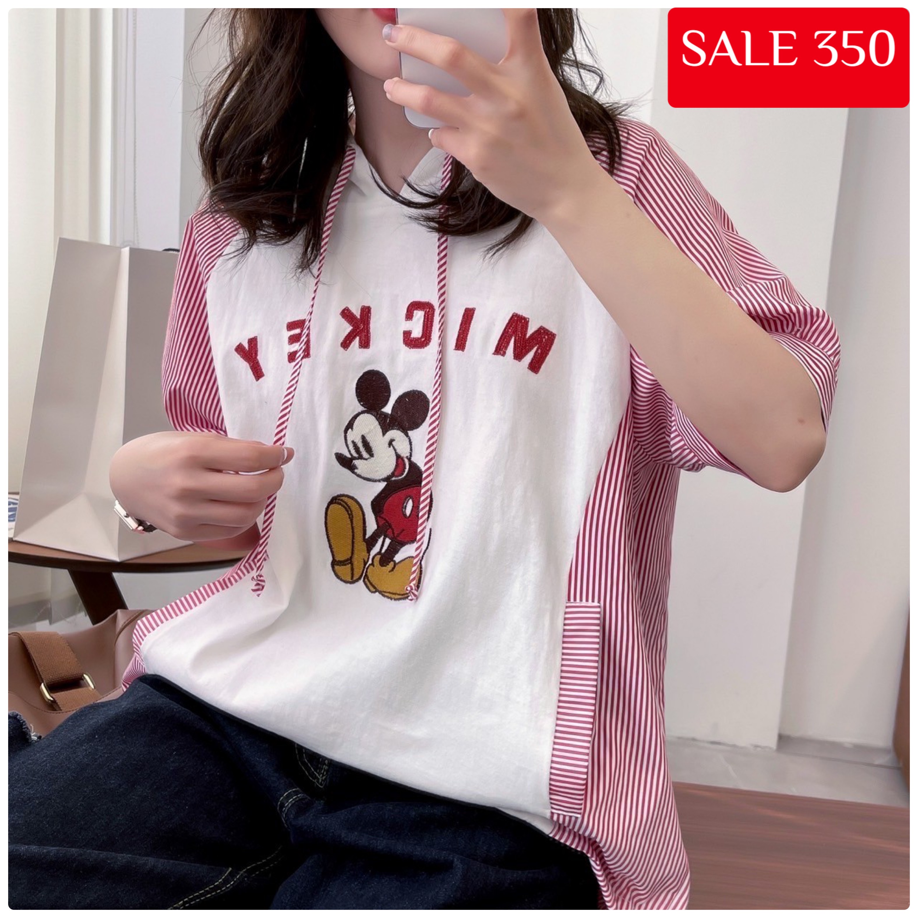 เสื้อยืดลายปักลายมิกกี้มีฮู้ด