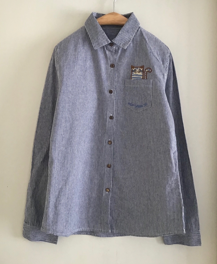 เสื้อเชิ้ตผ้าฝ้ายลายริ้วปักลายแมว